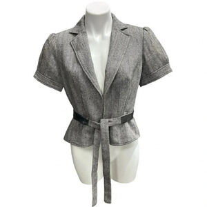 Ann Taylor LOFT Herringbone Tweed Jacket Size 8 Gray Fitted Short Sleeve Belted